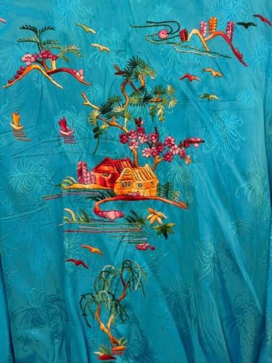 Source Unknown Other - Vintage Japanese Silk Bed Jacket with Belt and Hand-Crafted Needlepoint Design